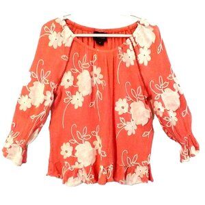 Liv Los Angeles Women Boho Peasant Ruffle Top Embroidered Coral Orange - Med